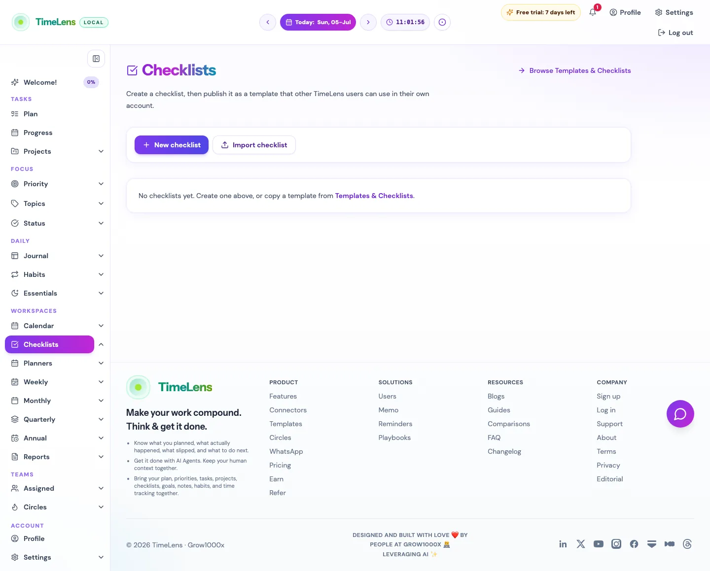 Actual TimeLens Checklists screen on desktop