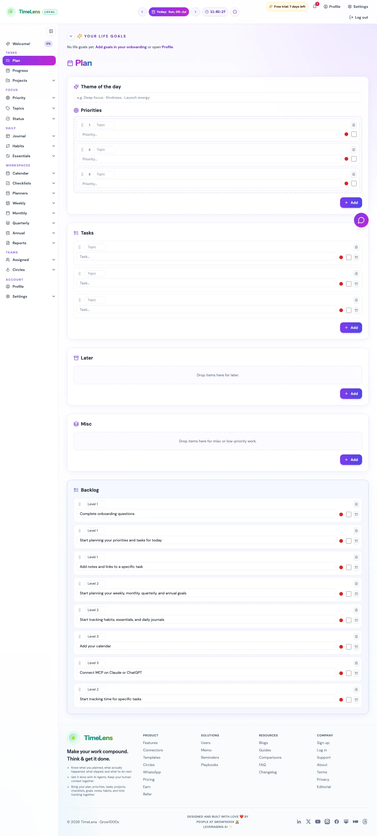 Actual TimeLens Daily Plan screen on desktop