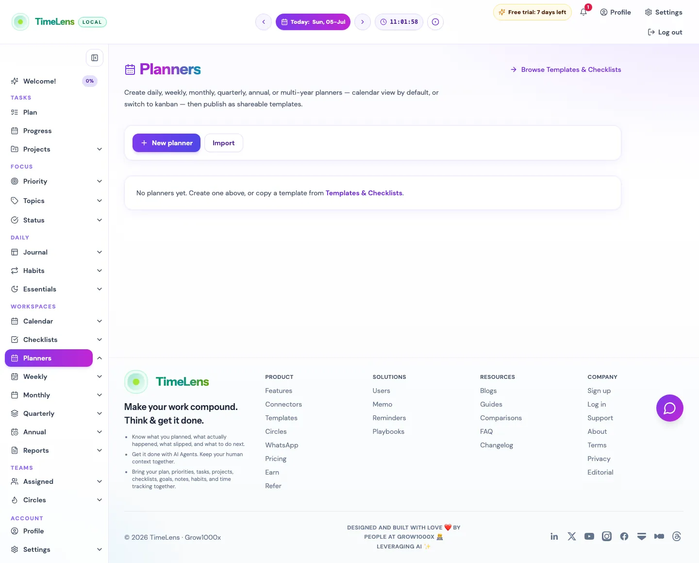 Actual TimeLens Planners screen on desktop