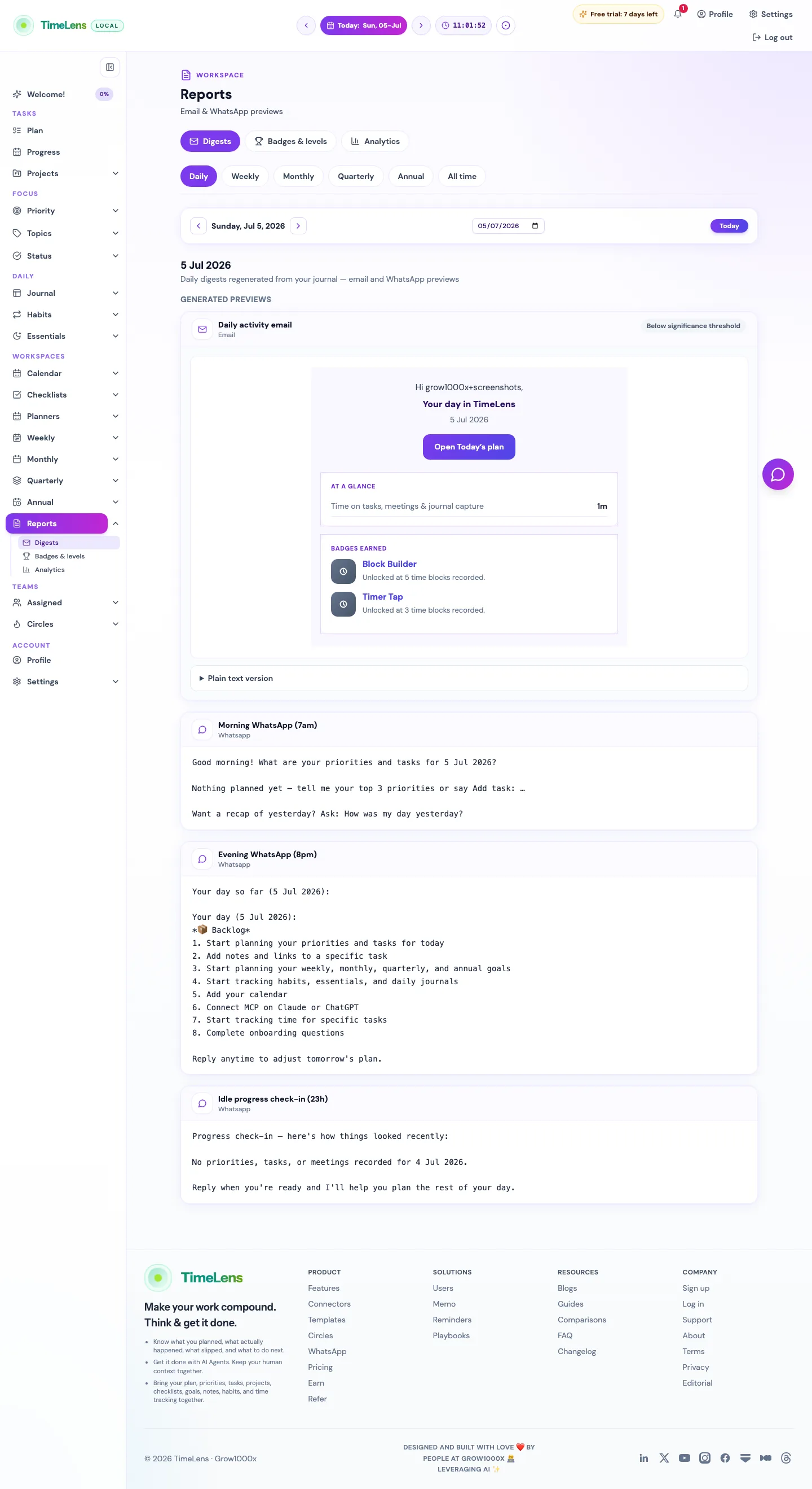 Actual TimeLens Email sign-in and digests screen on desktop