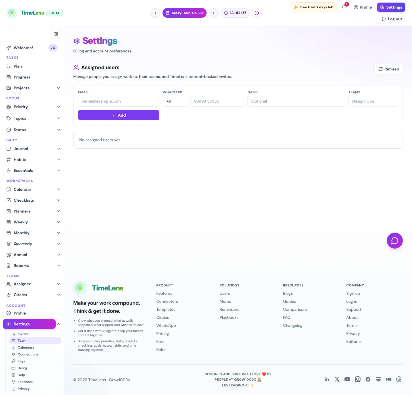 Actual TimeLens Settings: Team screen on desktop