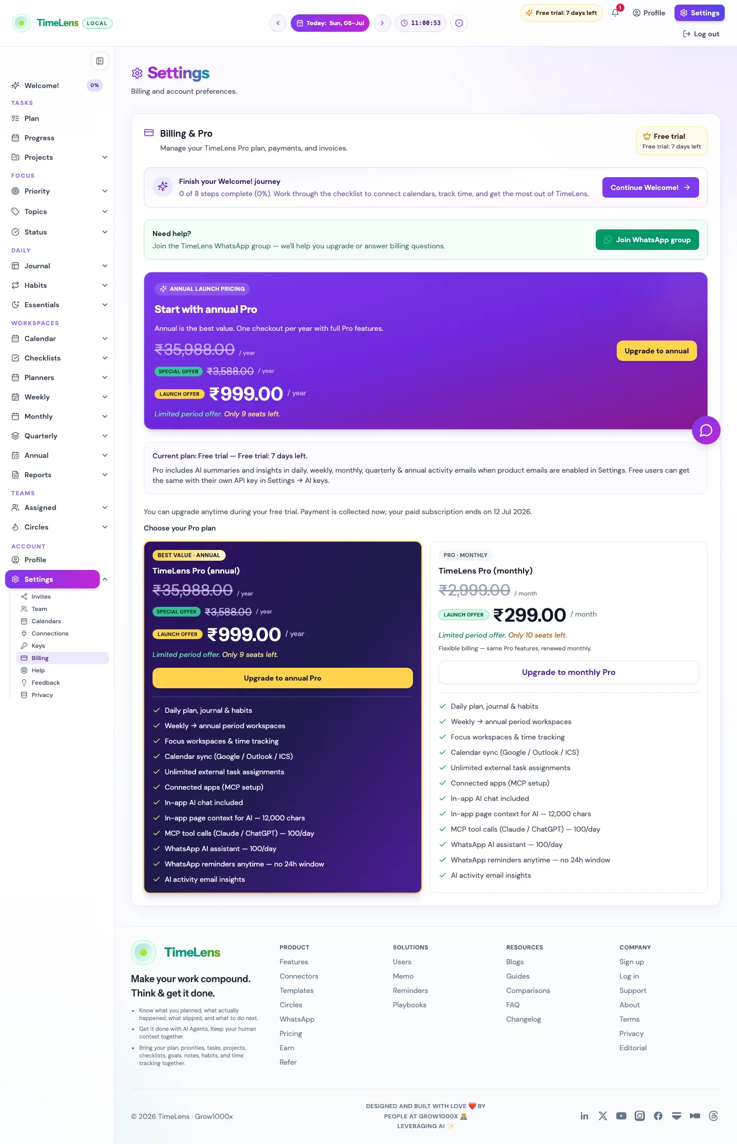 Actual TimeLens Settings: Billing screen on desktop