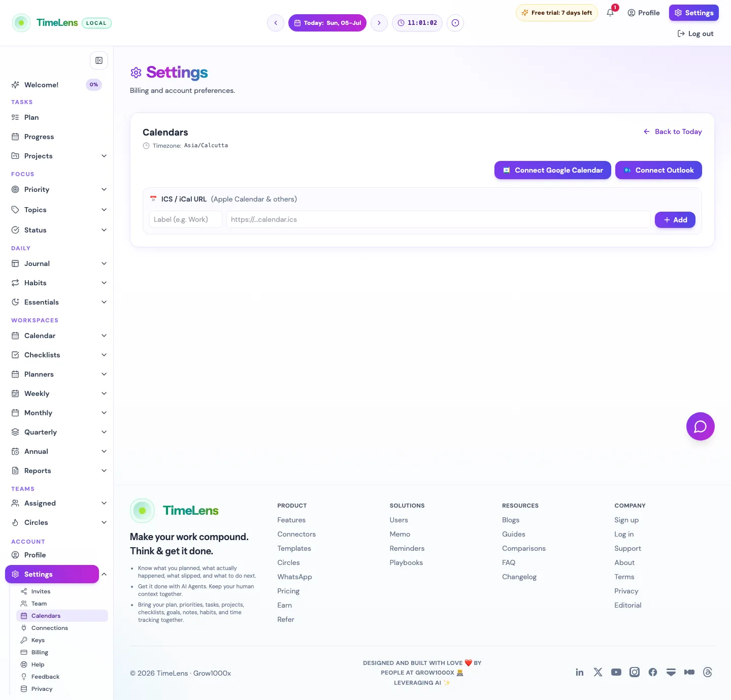 Actual TimeLens Settings: Calendars screen on desktop
