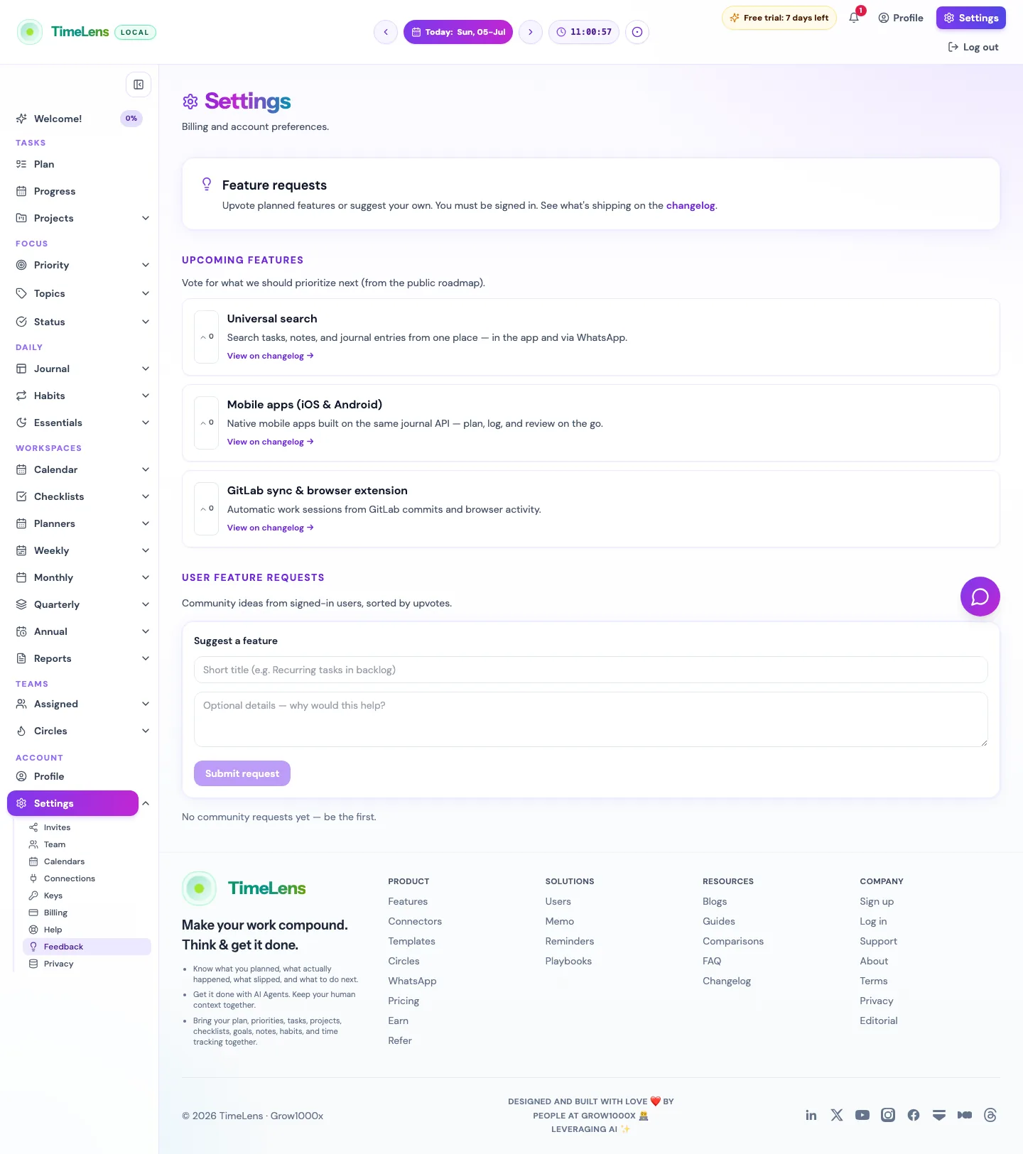 Actual TimeLens Settings: Feedback screen on desktop