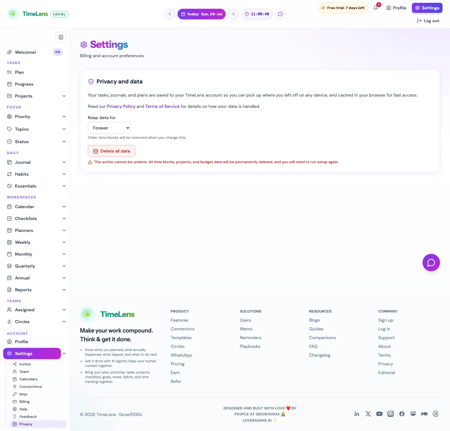 Actual TimeLens Settings: Privacy screen on desktop