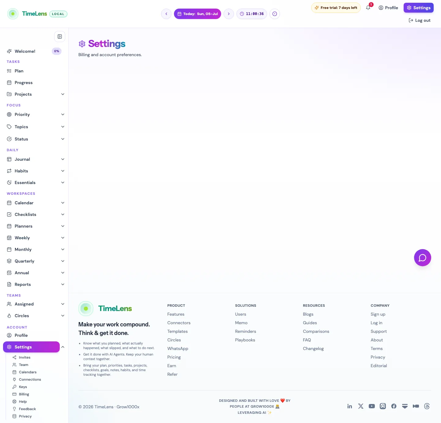 Actual TimeLens Settings: Projects screen on desktop