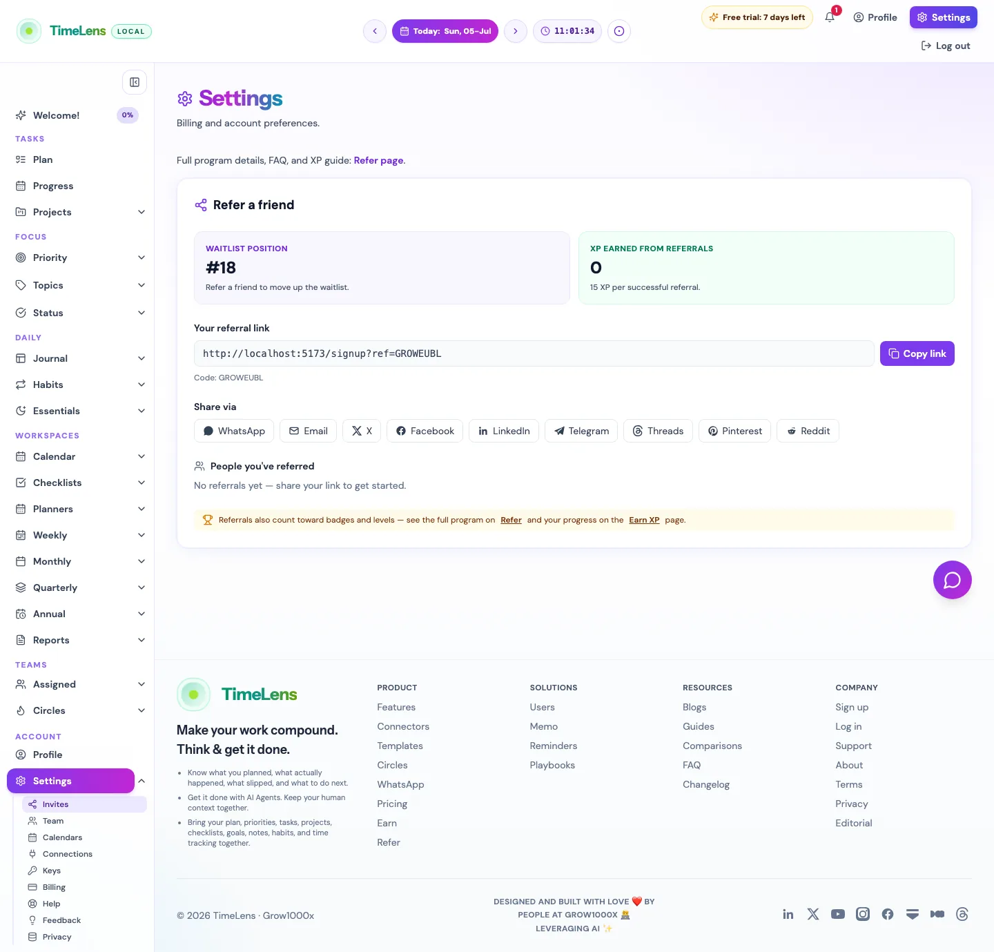 Actual TimeLens Settings: Invites screen on desktop