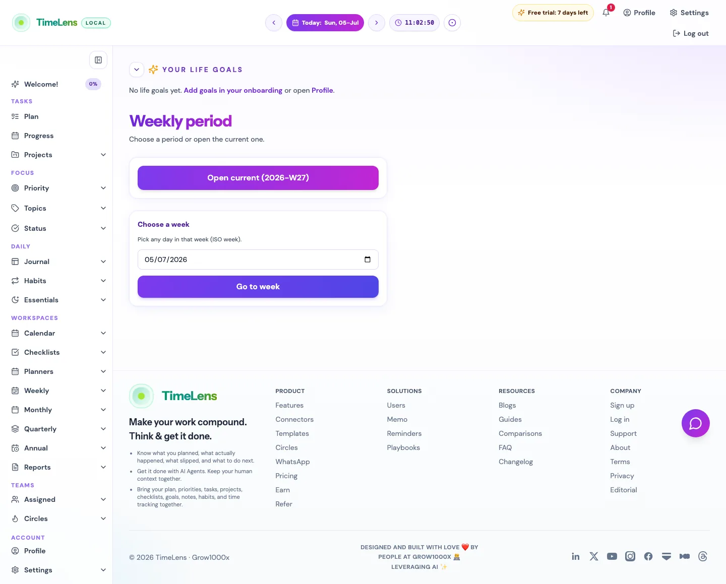 Actual TimeLens Weekly review screen on desktop