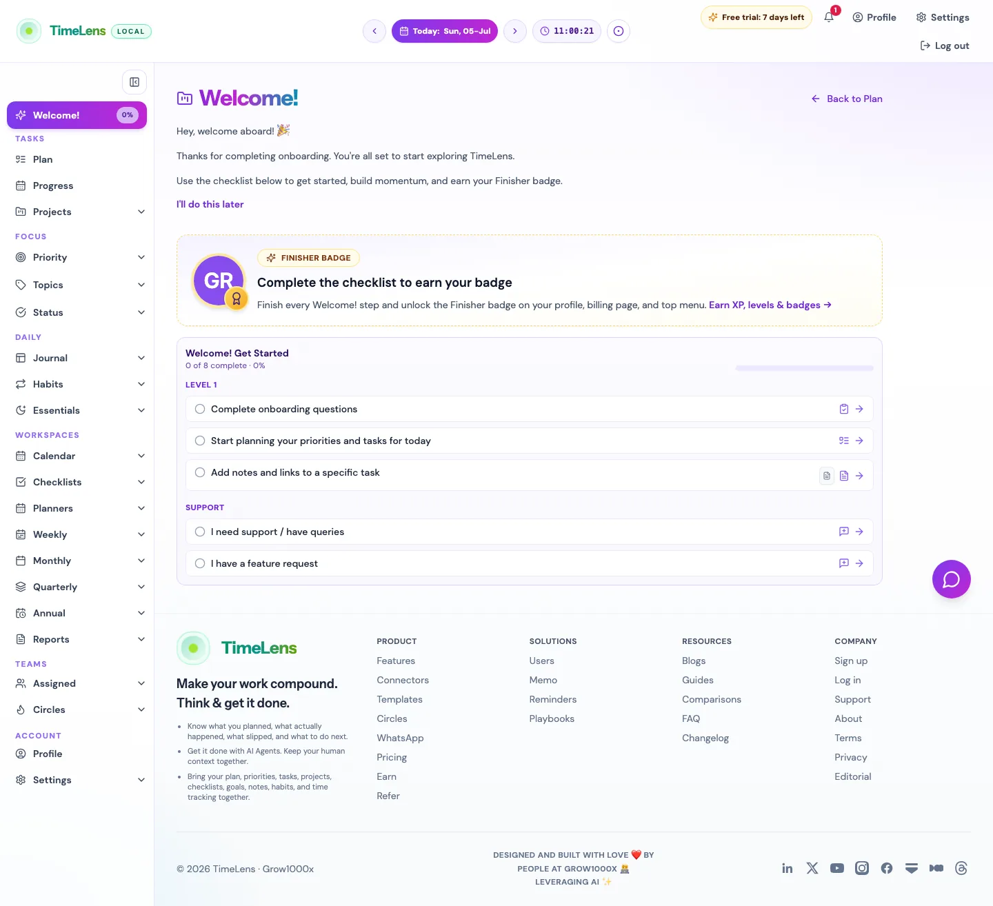 Actual TimeLens Welcome flow screen on desktop