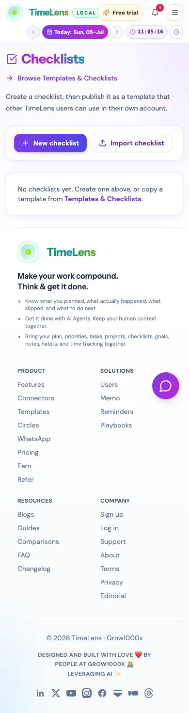 Actual TimeLens Checklists screen on mobile