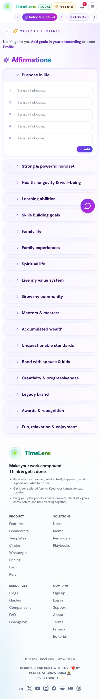 Actual TimeLens Affirmations screen on mobile