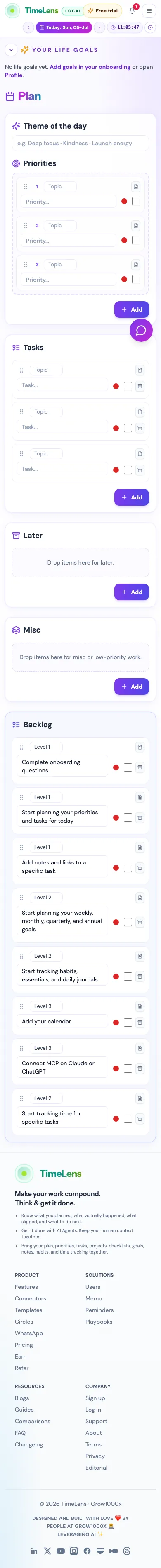 Actual TimeLens Daily Plan screen on mobile