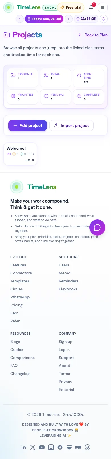 Actual TimeLens Projects screen on mobile