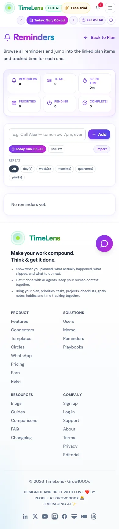 Actual TimeLens Reminders screen on mobile