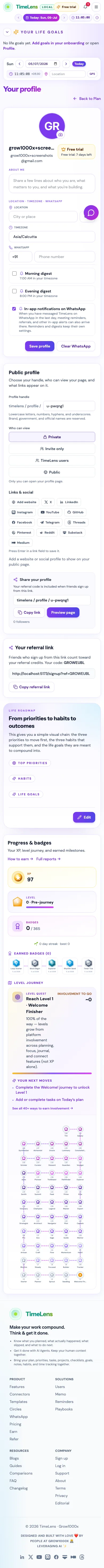 Actual TimeLens Life goals in Profile screen on mobile