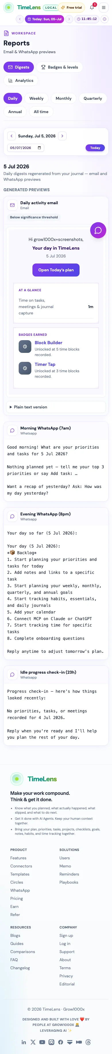 Actual TimeLens Email sign-in and digests screen on mobile