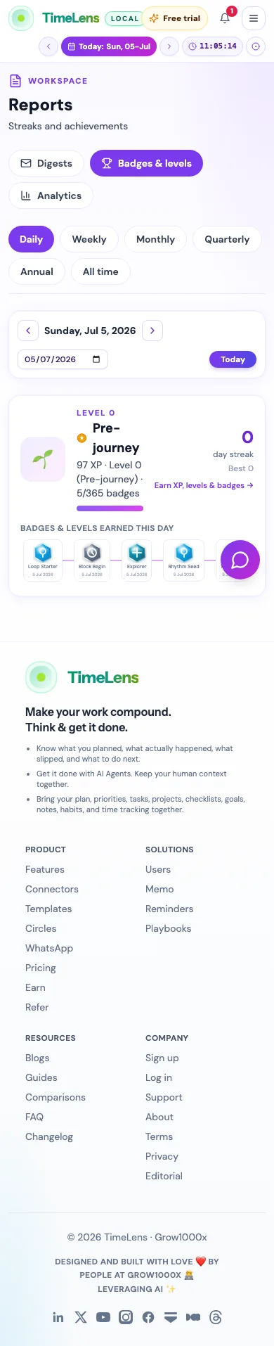 Actual TimeLens Reports gamification screen on mobile