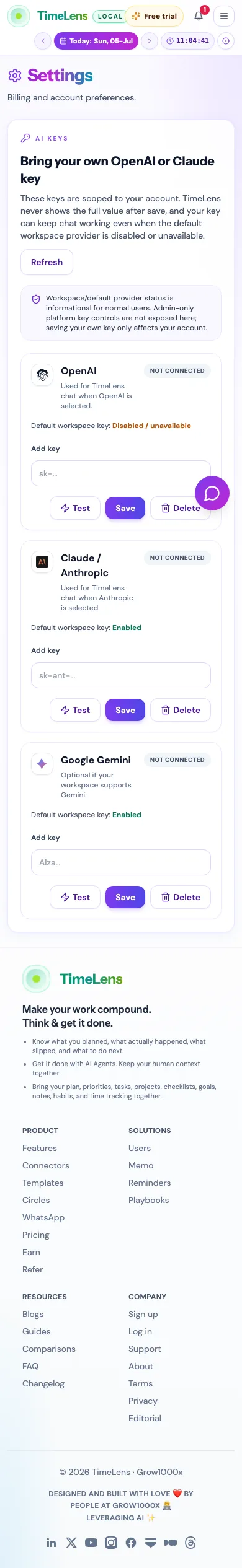 Actual TimeLens Settings: Keys screen on mobile