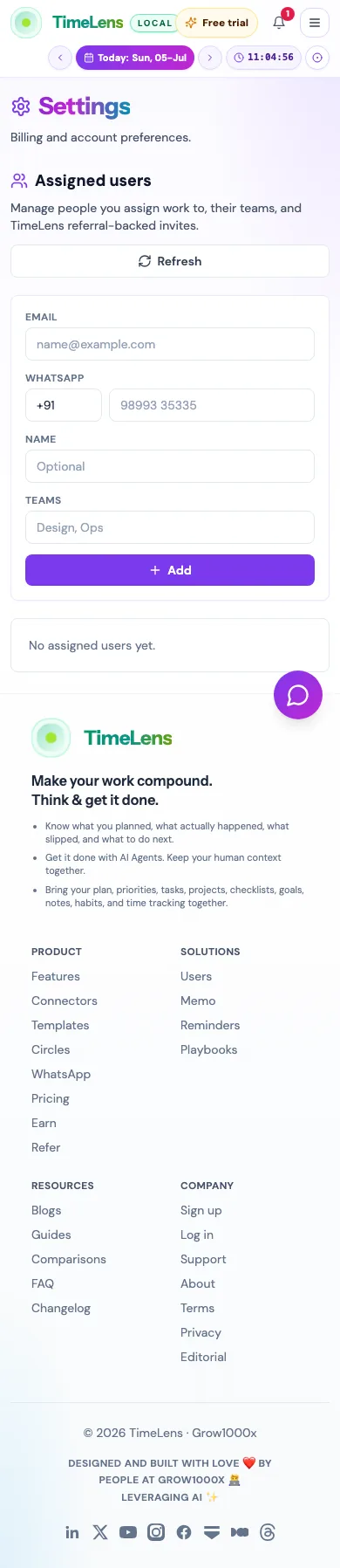 Actual TimeLens Settings: Team screen on mobile