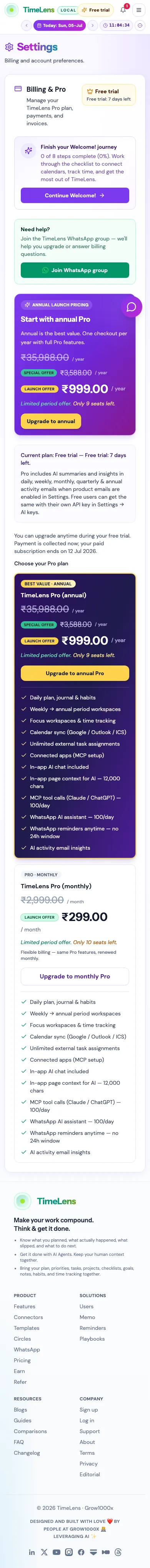 Actual TimeLens Settings: Billing screen on mobile