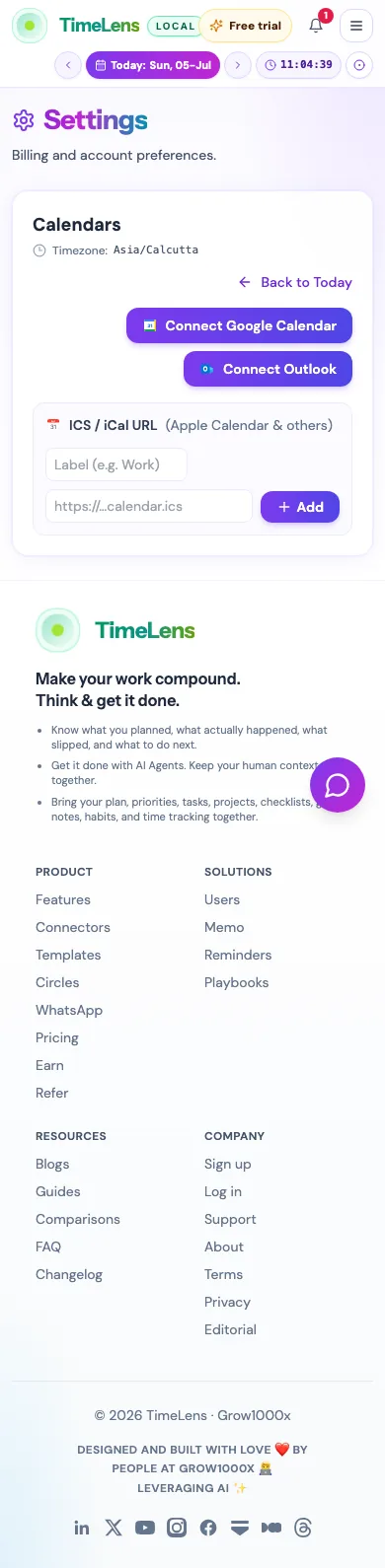 Actual TimeLens Settings: Calendars screen on mobile