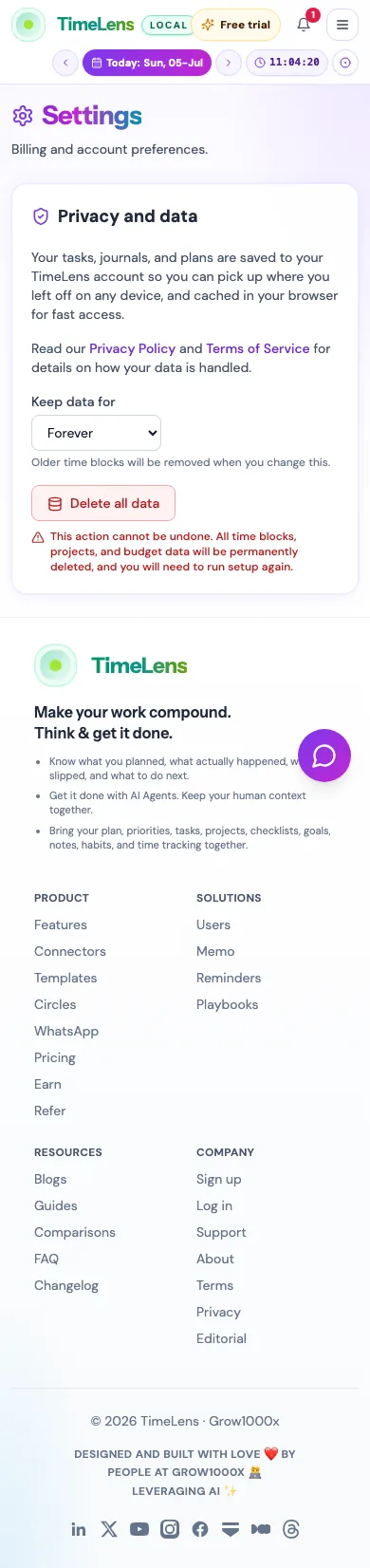 Actual TimeLens Settings: Privacy screen on mobile