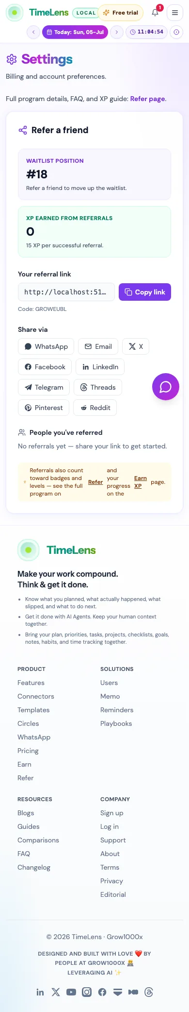 Actual TimeLens Settings: Invites screen on mobile