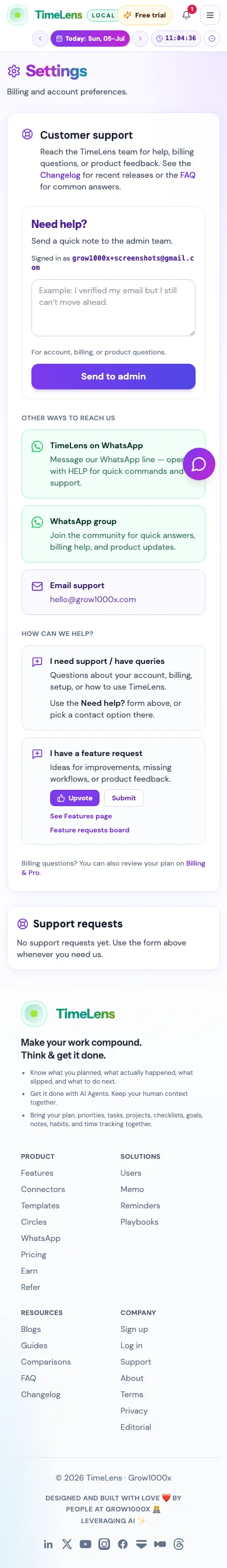 Actual TimeLens Settings: Help screen on mobile