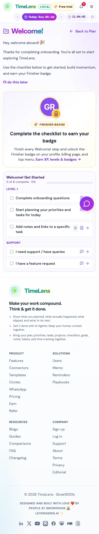Actual TimeLens Welcome flow screen on mobile